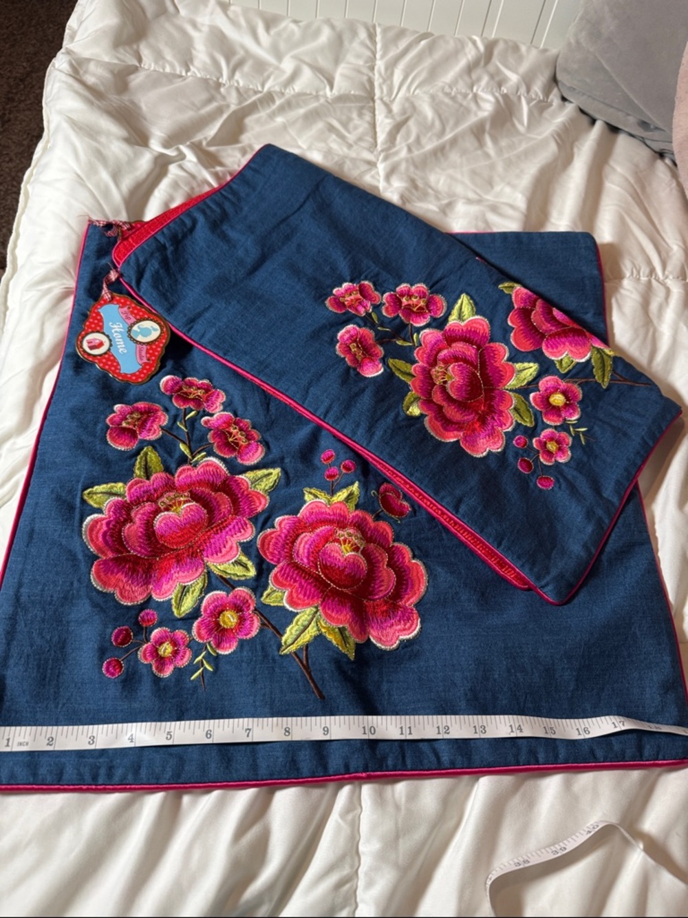 NWT Set Pip Studio HomeEmbroidered Floral Denim Cushion Cover w/ Hot Pink Trim